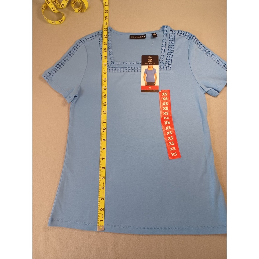 Rafaella Womens Azure Blue Crochet Trim Square Neck Cotton T-Shirt RSKSF064